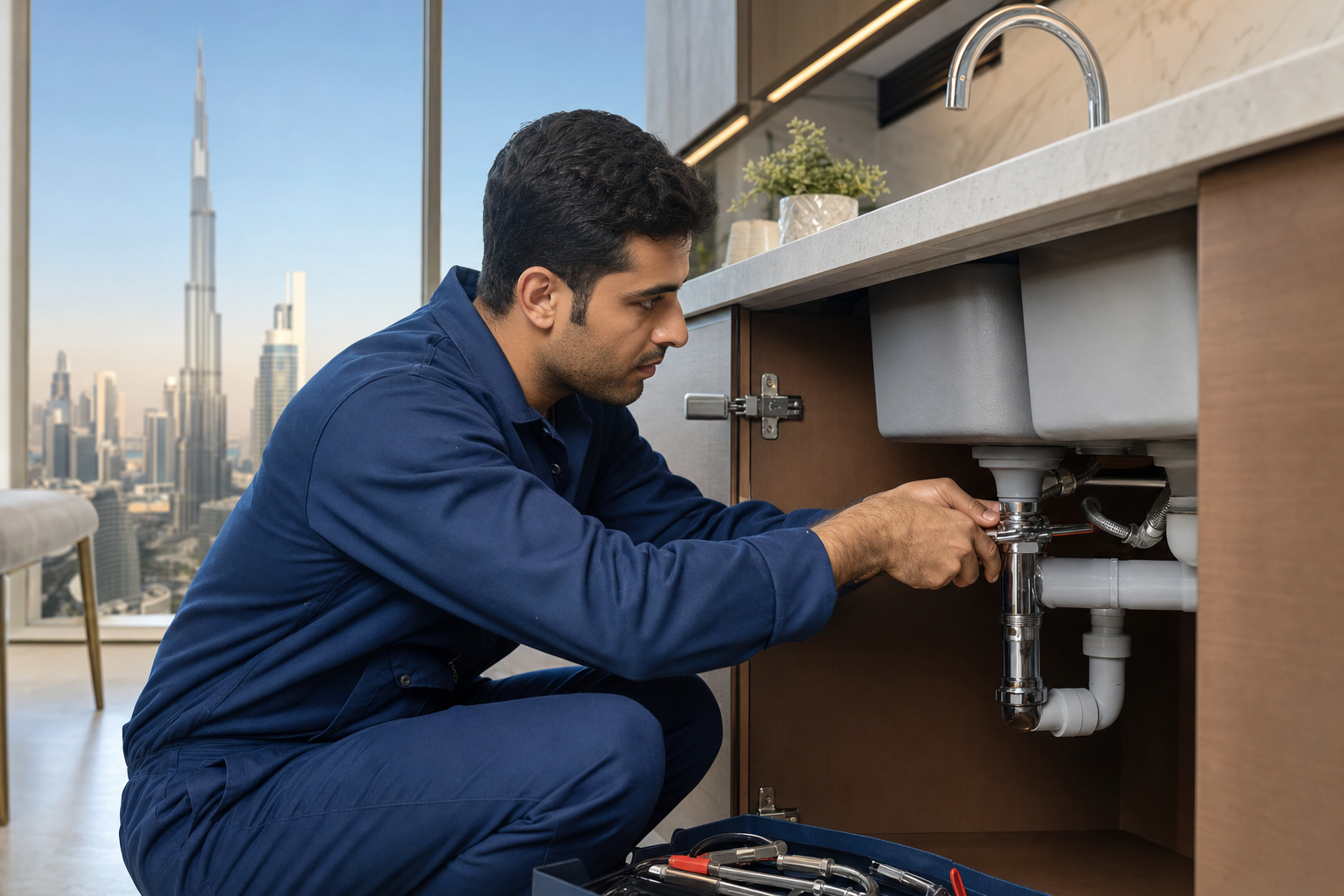 Professional Arab plumber working in Dubai Silicon Oasis